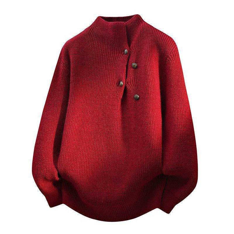 2025 Button-Design High Neck Gray Knit Sweater: Retro Loose Fit for Autumn/Winter