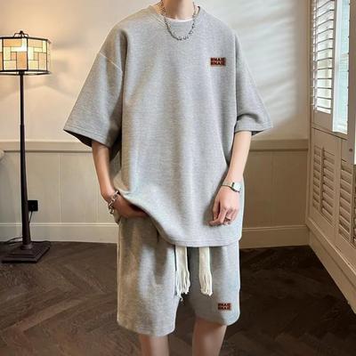2Pcs/Set Men Summer Casual Outfit O-neck Short Sleeve T-shirt Elastic Drawstring Waist Wide Leg Shorts Set Letter Print Activewe