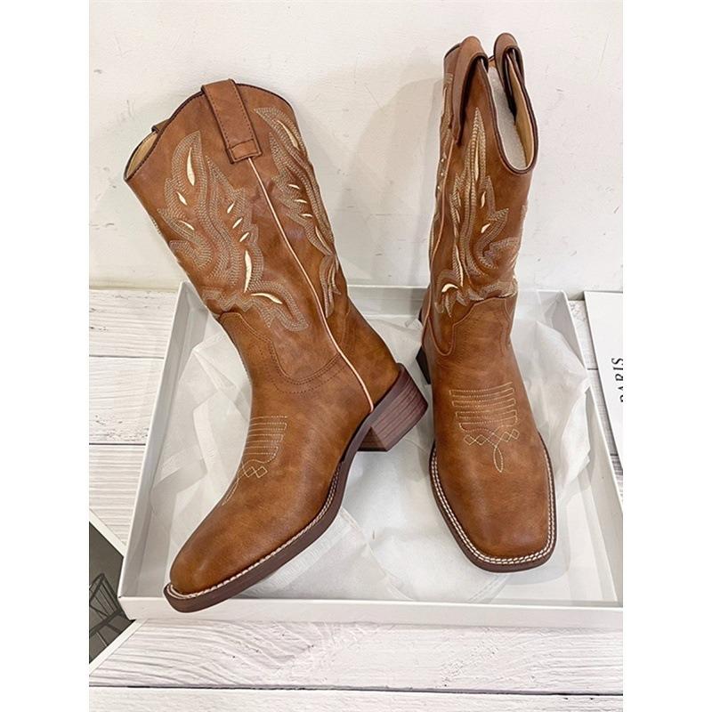 Cowhide~ He Sui versatile leather western cowboy boots women's thick heel embroidered knight boots retro mid-tube riding boots