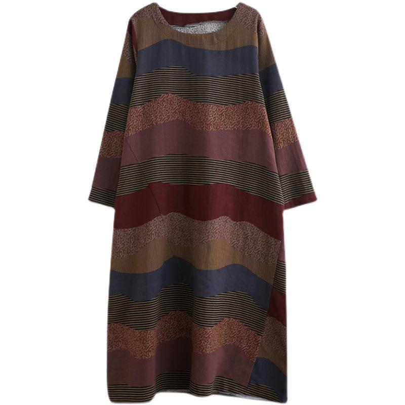 Artistic Temperament Cotton Linen Round Neck Long Sleeve Casual Dress for Women