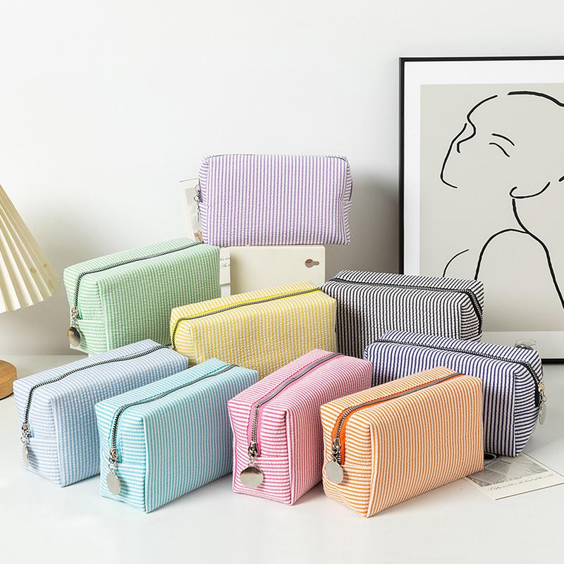 Fresh Simple Striped Cosmetic Bag Large Capacity Makeup Bag Pencil Case Travel Toiletries Bags Toiletry Storage Pouch
