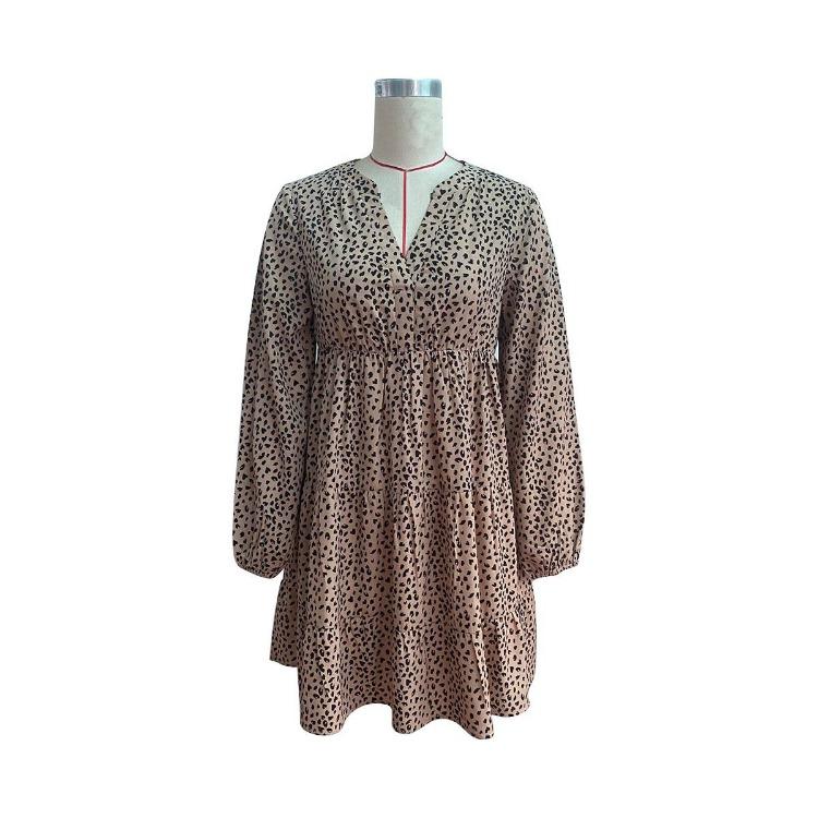Leopard Print Women's Spring Dress V Neck Lantern Sleeve High Waist Pleated