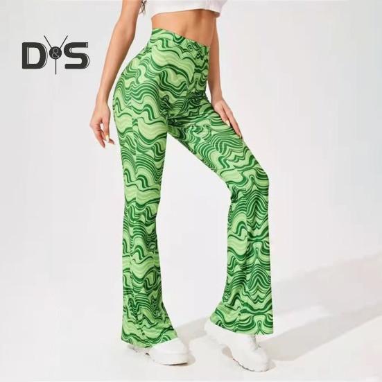 Women Yoga Pants High Waist Water Wave Striped Print Casual Trousers Running Cycling Flared Leggings Loungewear