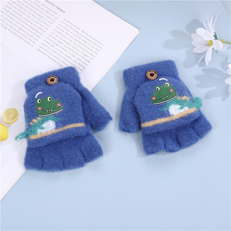 Children's Flip-top Gloves Cute Cartoon Dinosaur Boy Baby Kindergarten Winter Warm Half-finger Wool