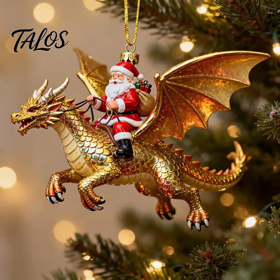 Durable Resin Decoration Santa Claus Dragon Rider Christmas Ornament, 2D Acrylic Red Decorative Pendant for Party with Flying Tree Hanging Decorations