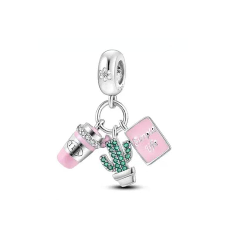 Fit Original Charms Bracelet 925 Silver Plated Pendant Pink Series Heart Flower Spring Butterfly Bead Women DIY Jewelry Making