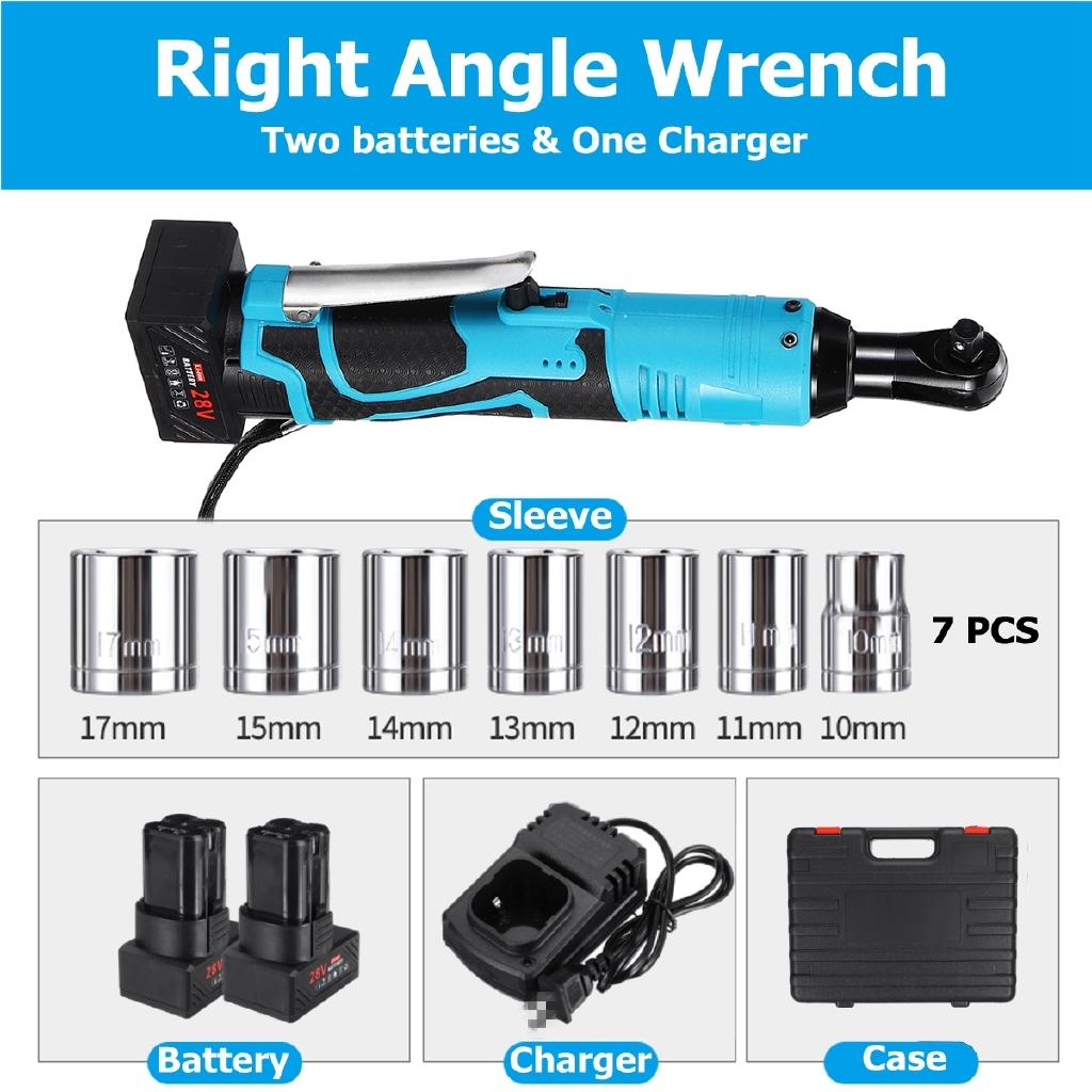 60N.m Portable Cordless Rechargeable Ratchet Wrench 28V 3/8" Inch Electric Right Angle Wrench 60N.m With 1/2 Batteries