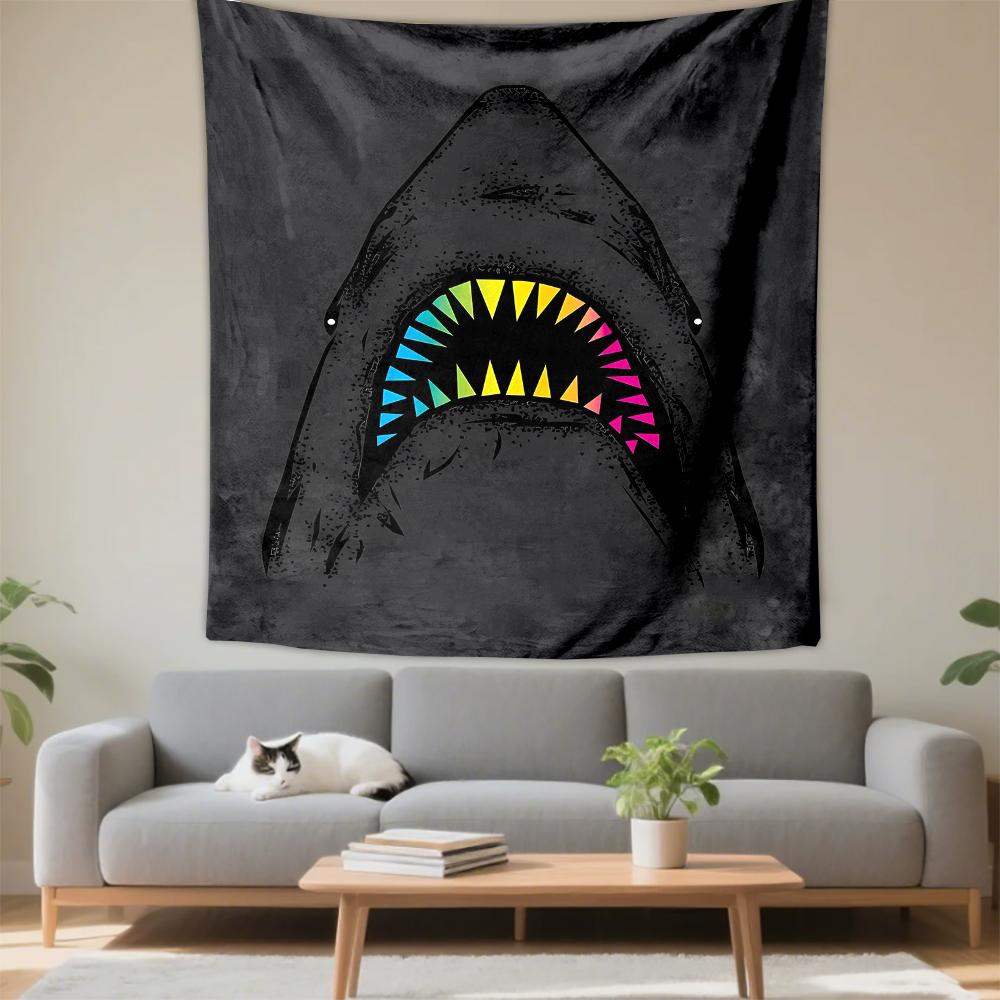Shark Graphic Design Black Background Rainbow Teeth Patterned Tapestry for Bedroom and Living Room Home Decor