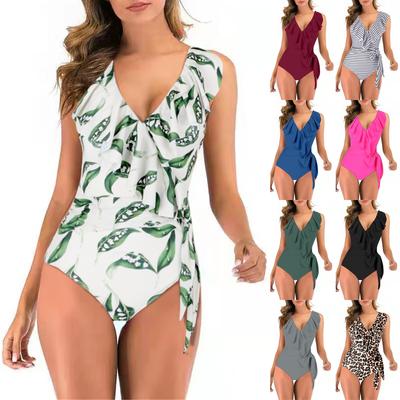Women Ruffle V Neck  Swimsuits Tummy Tie Side Wrap Slimming Bathing Swimwear