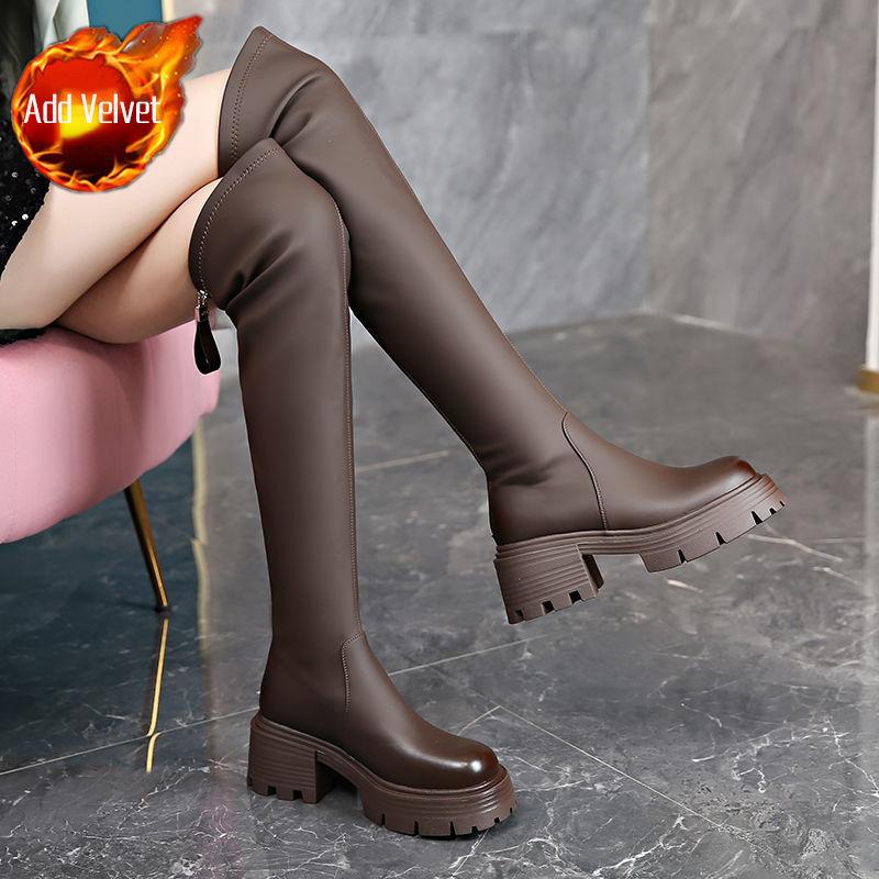 

New Arrival Women s Elastic Over-The-Knee Winter Boots Round Toe Chunky Heel Platform Waterproof Knee-High Boots 40