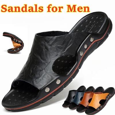 Erkek Terlik Nefes Deri Sandalet Yaz Plaj Ayakkabıları Moda Perçin Çivili Sandalet Rahat Slaytlar