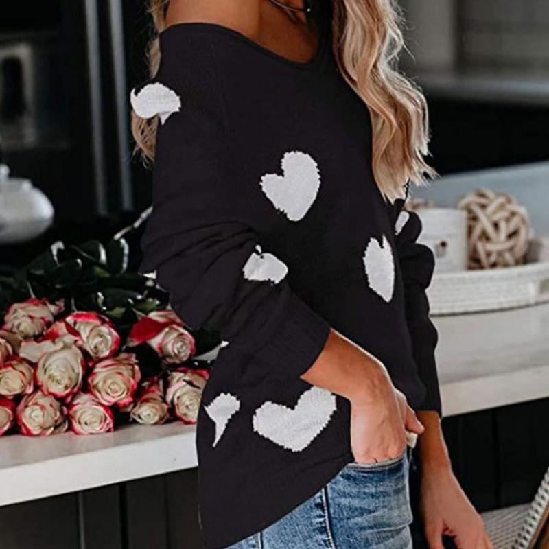 Ladies Autumn Winter Long Sleeve V Neck Pullover Love Heart Loose Knitted Sweater Knitwear Top