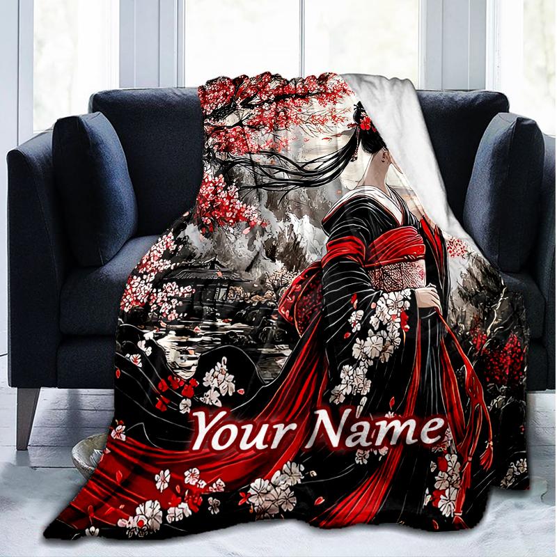 1PC Custom Name Geisha Cherry Blossoms outdooor Flannel blankets Throw Blanket All-Season Throw Gift Bedspread for Couch, Bed, Camping Holiday Birthda