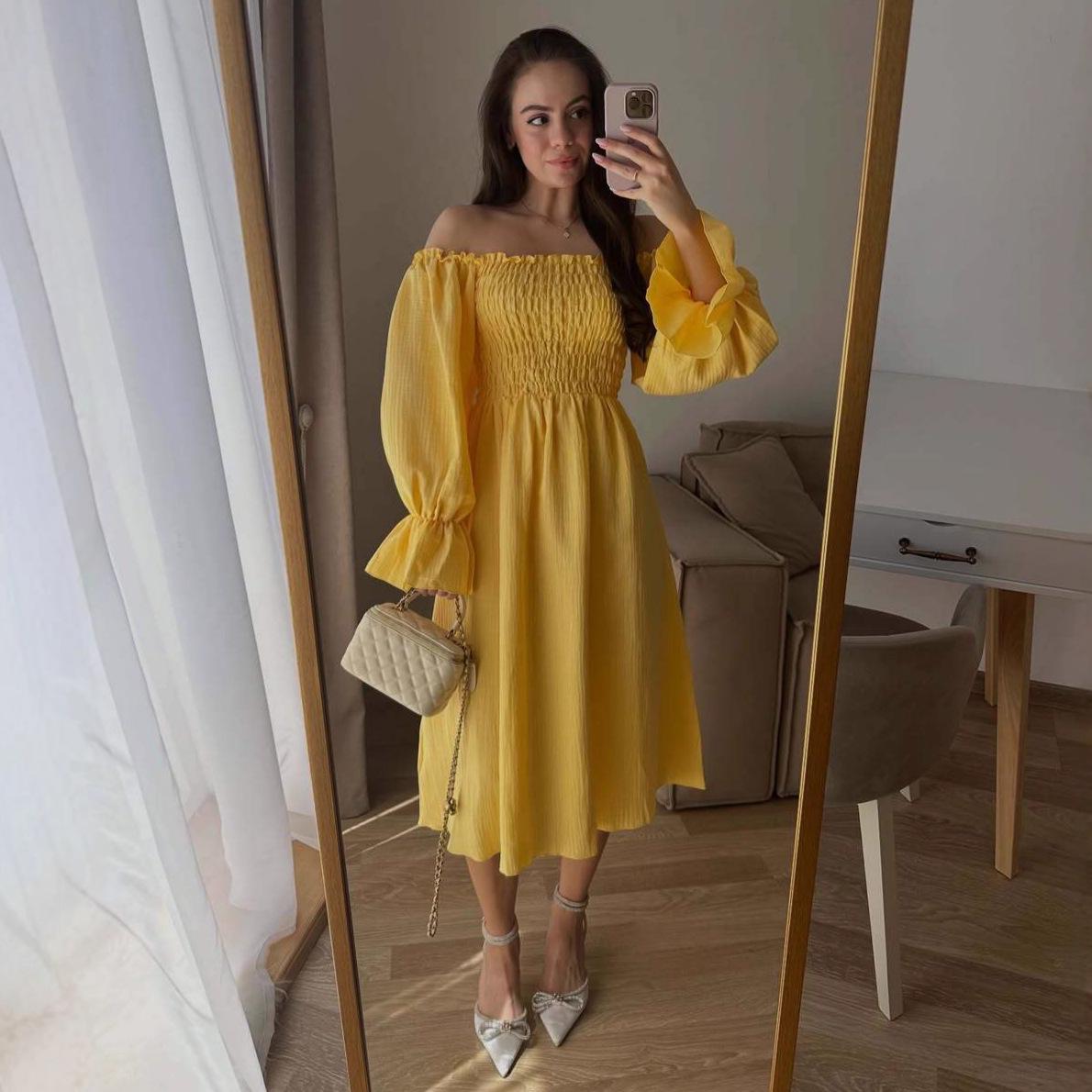 2025 Summer Off-the-Shoulder Pleated Dress: Chic Waist-cinching Casual Fashion for Women XXL жёлтый