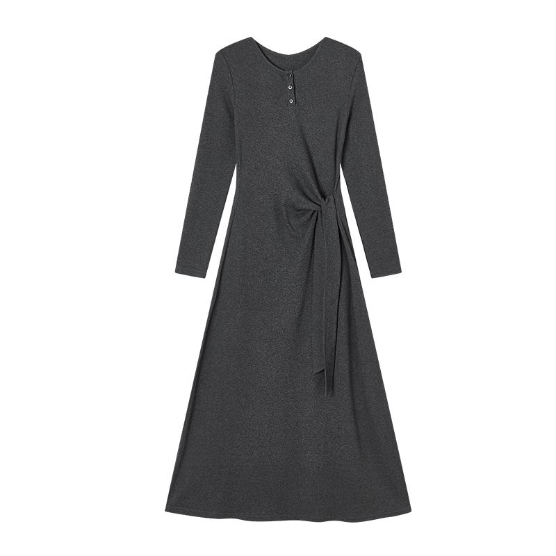 Women s Grey Knit Long Sleeve Tie-Waist Midi Dress L