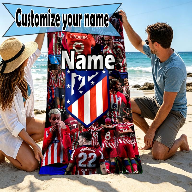 Custom Name Personalized Atletico Madrid Print Beach Towel, for Trip Camping Beach Party Home Decor, Birthday Gift for Family & Friends