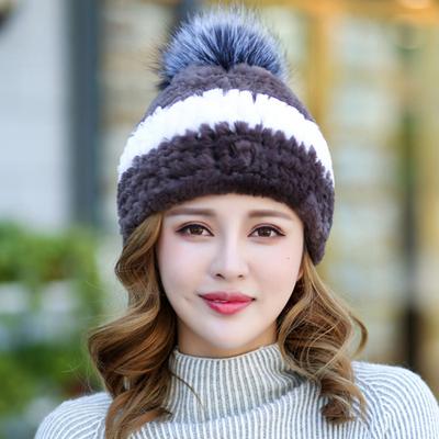 Rabbit Hair Hat for Women In Autumn and Winter Warm Double Sided Rex Rabbit Fur Grass Hat Korean Version Fox Hair Ball Knitted Hat