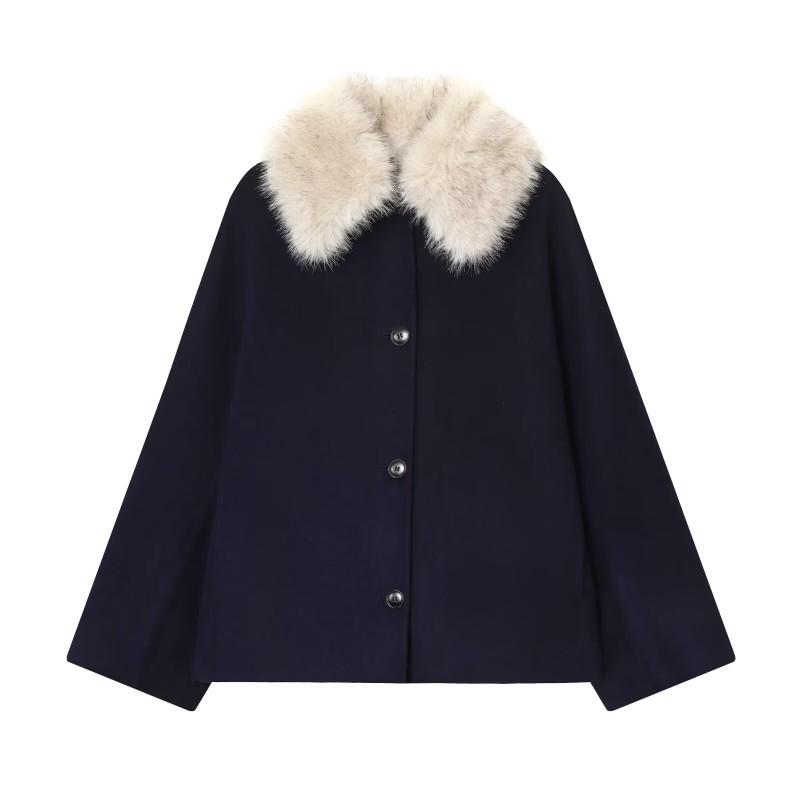 Womens Wool Blend Long Sleeve Coat With Faux Fur Collar Loose Fit Street Style Winter Outerwear