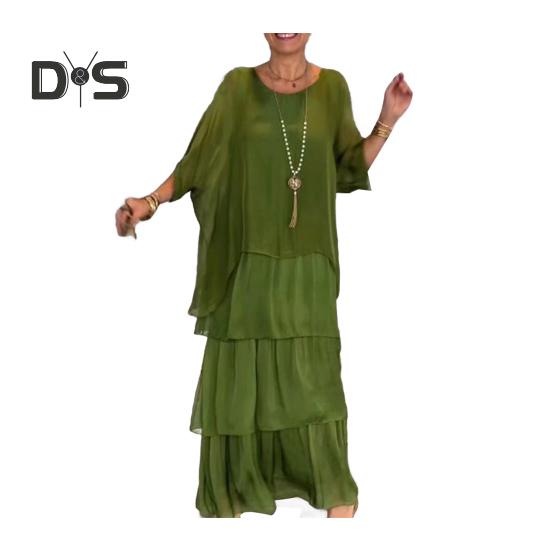 Abendkleid, mehrlagig, verstreuter Kuchensaum, Halbarm-Maxikleid, Fledermausärmel, weites Chiffonkleid mit Rundhalsausschnitt für Party und Abschlussball