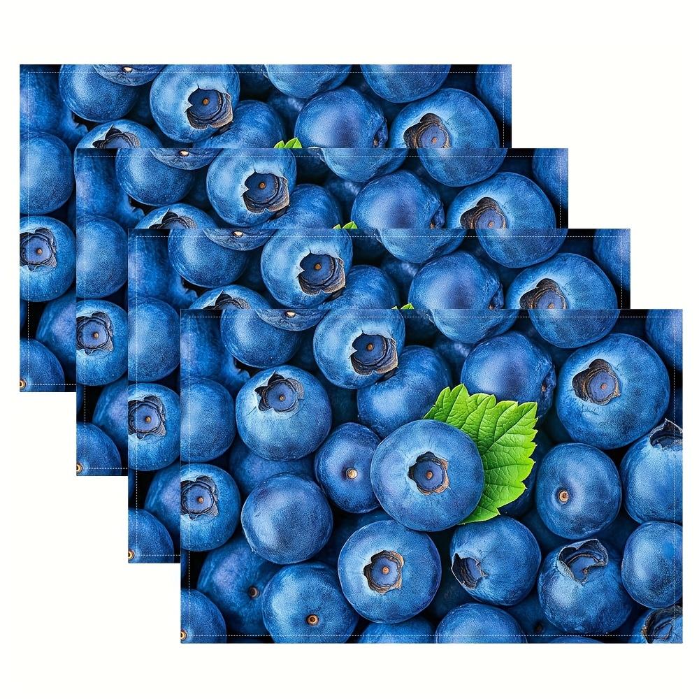 4pcs Realistic Blueberry Print Placemats Vibrant Fresh Berries with Green Leaf Washable Polyester Dining Kitchen Home Decor 4PCS