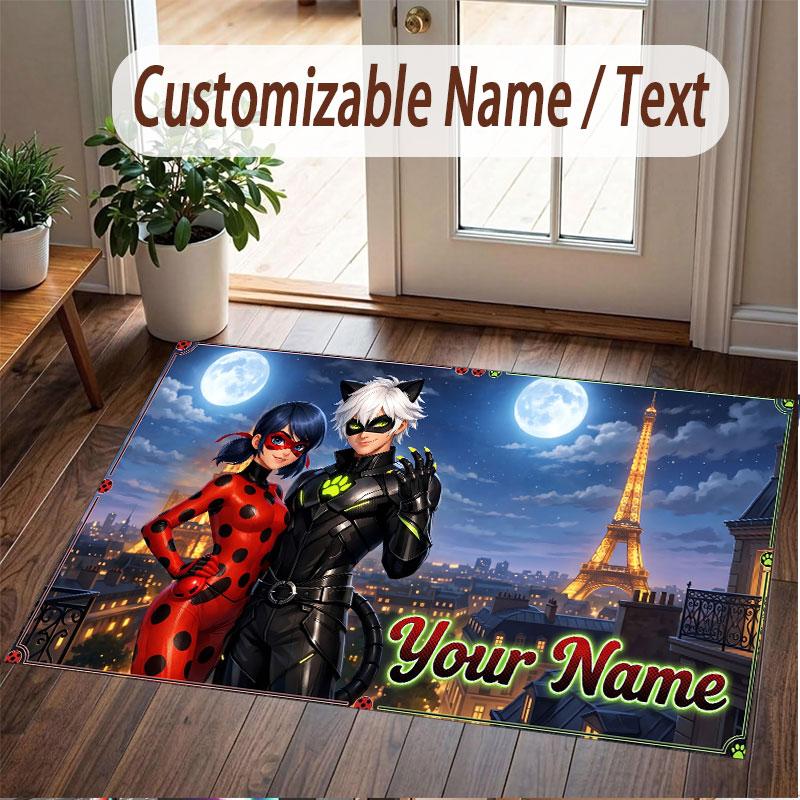 Custom Name Text Crystal Velvet Rug,Miraculous Ladybug Soft Plush Decorative Non Slip Floor Carpet