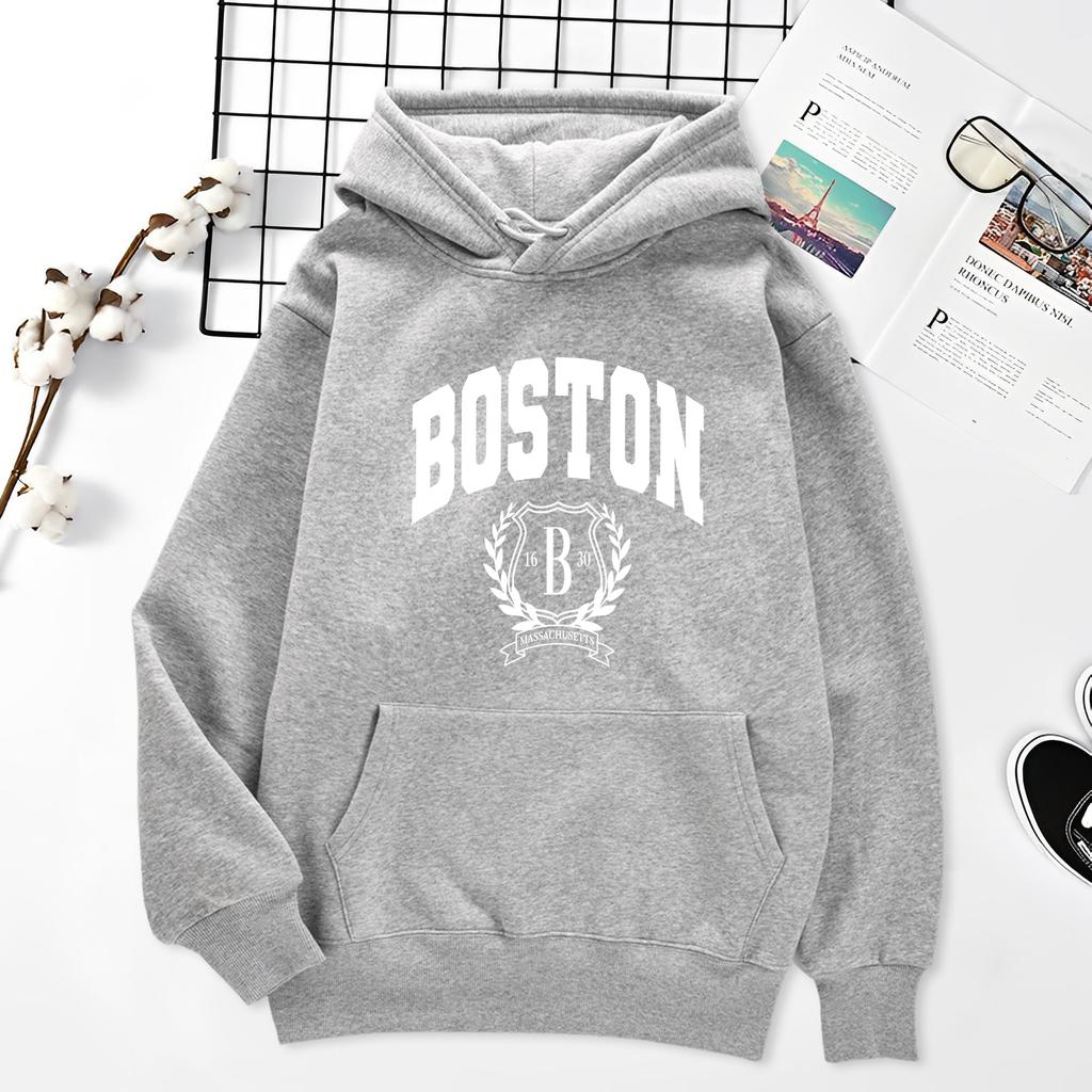Boston Personalized Art Print Hoodie Men and Women Same Autumn and Winter Loose Hood Casual Hip Hood Street Clothing