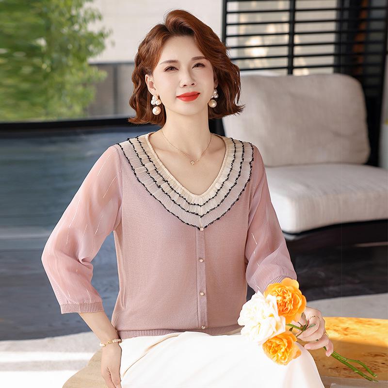 

Gauze Sleeve Ice Silk T-Shirt Top for Stylish Moms L (80-100 jin)