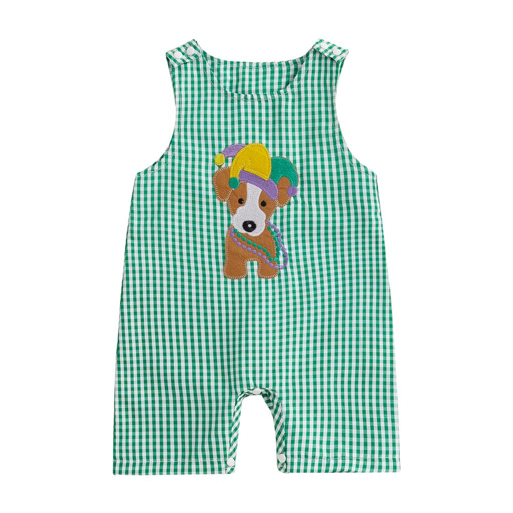 Baby Summer Rompers Soft Plaid Puppy Pattern Button Sleeveless Crew Neck Newborn Jumpsuits