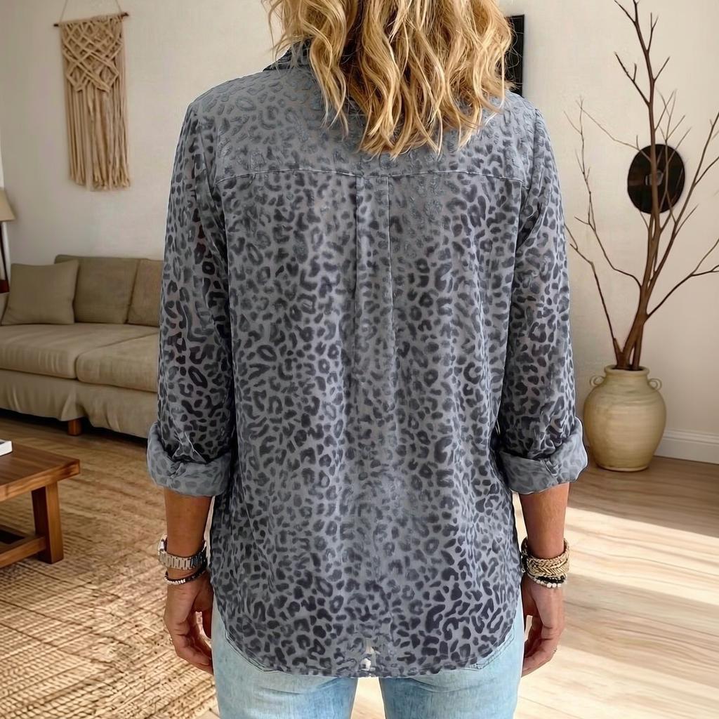 Women's Leopard Print Korean Shirt with Long Sleeve Lapel Collar, Double Pockets, Loose Fit Casual Fall Winter Top