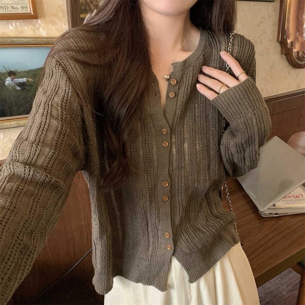 Hollowed-out Knitted Sweater for Women Long-sleeved Korean-style Knitted Cardigan Loose Knitted Sweater Top Sweater