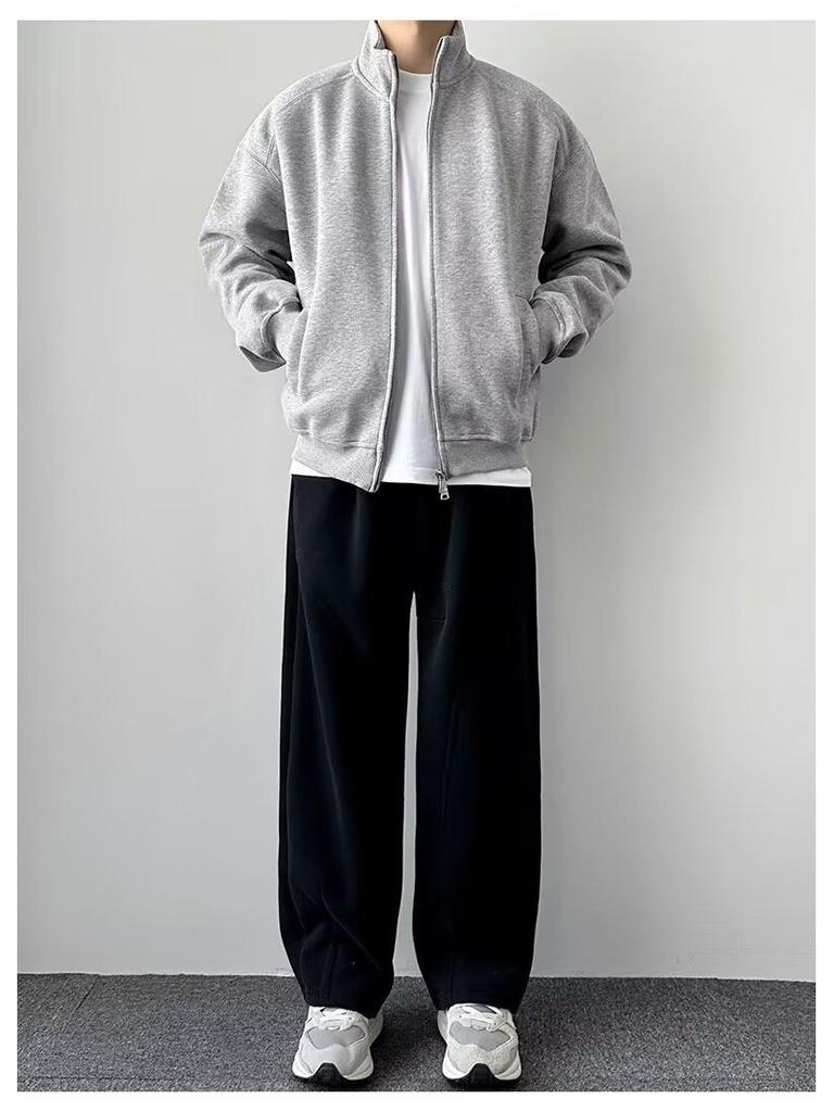 Men's Double Zipper Stand-up Collar Cardigan Hoodie - 2025 Casual Solid Color Outerwear for Spring & Autumn