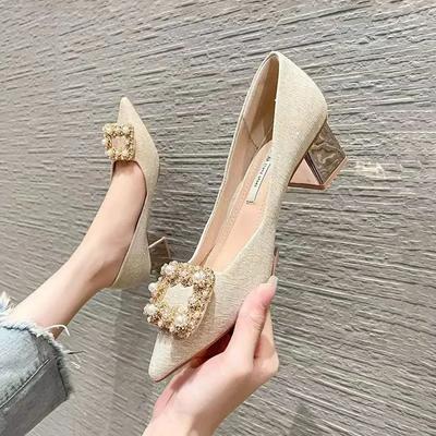 2024 Summer New Diamond Pearl Brand Designer Women's High Heels Outdoor Walking Shopping Women's Large Size Heeled Shoes