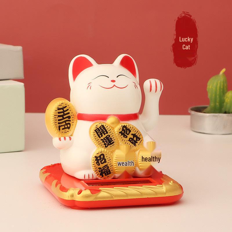 Fortune Cat Solar Waving Ornament - Creative Car and Home Decor for Wealth and Prosperity