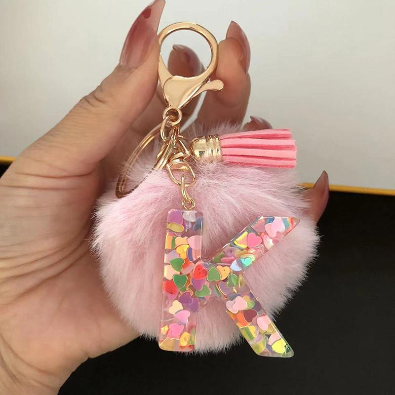 Adorable Glitter Initial Keychain Sparkling Resin Alphabet Pendant With Fluffy Letter Charm For Girls Bags Backpacks Accessories