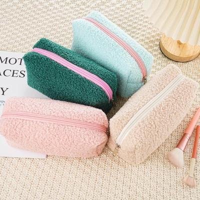 Cute Plush Makeup Bag For Women Portable Travel Small Cosmetic Bags Solid Color Zipper Toiletry Bag Washing Pouch Storage Bags