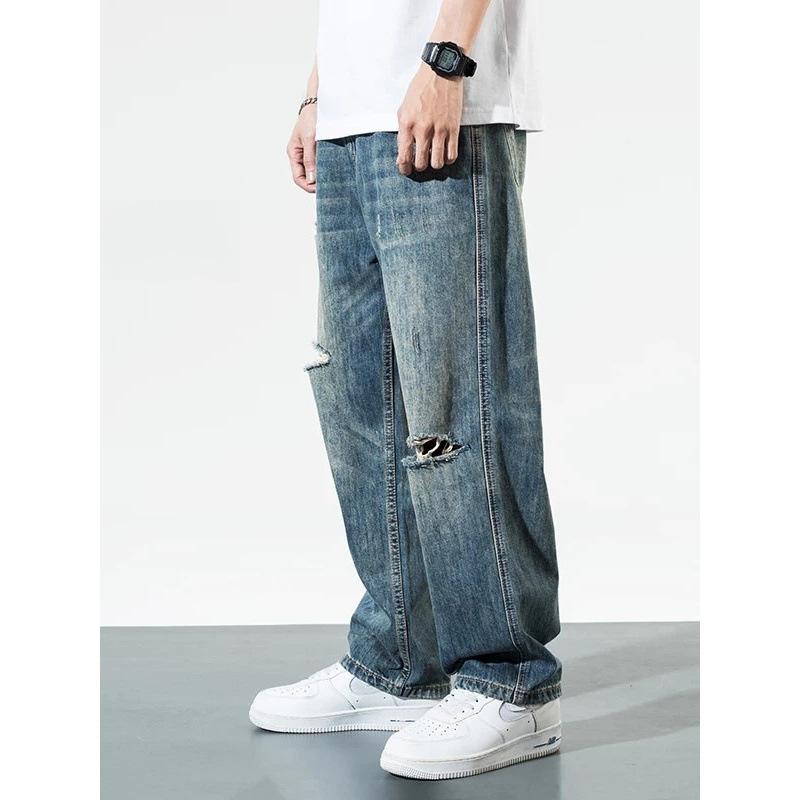 Spring and summer American washed retro jeans men's loose wide-leg drape straight trousers ripped and worn beggar pants tide