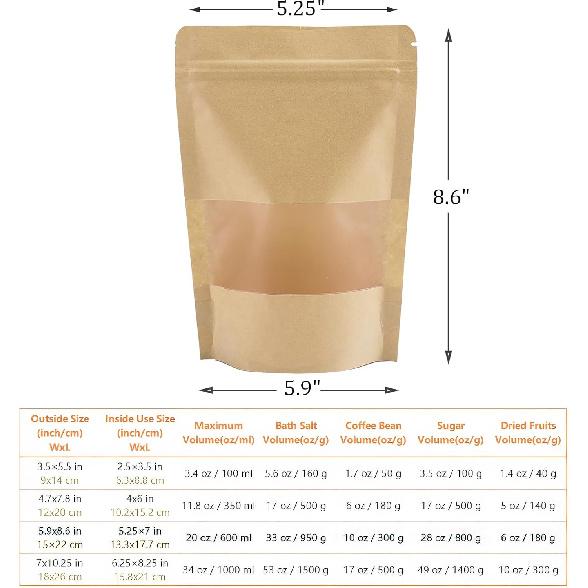 Kingrol 150 шт. Бумажные пакеты из крафт-бумаги 15 x 22 см с повторно закрывающейся молнией-застежкой и прозрачным окошком, Пакеты для еды с плоским дном