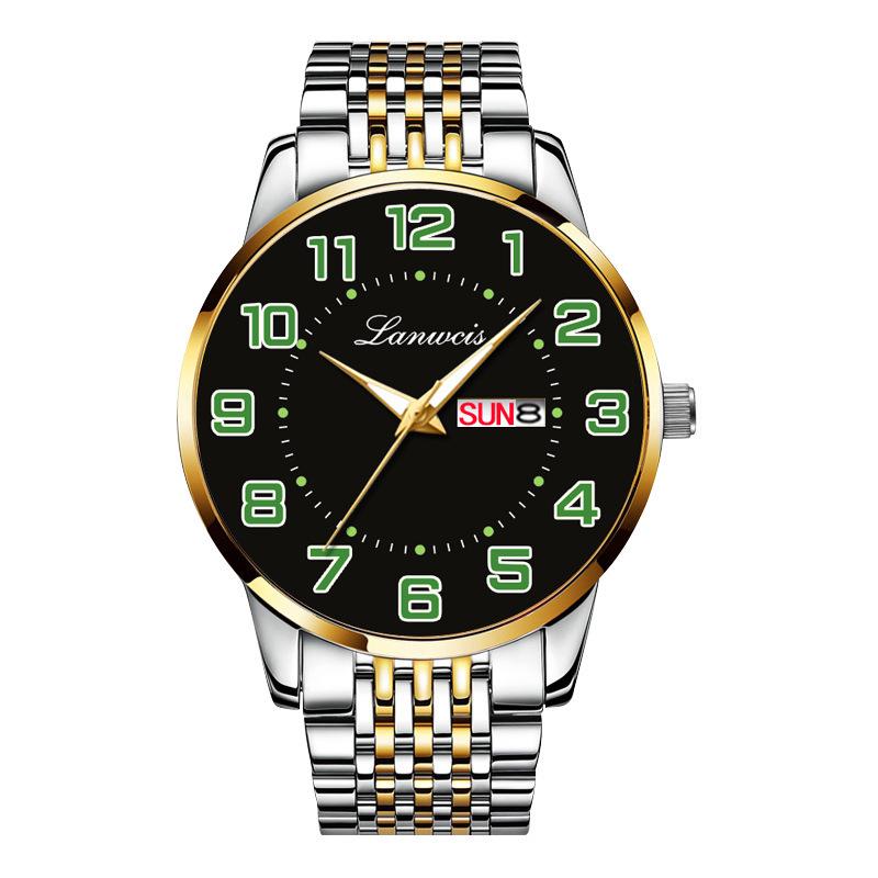 Men's Large Dial Digital Quartz Watch, Steel Band, Dual Calendar In English & Chinese, Waterproof - Ideal for Seniors