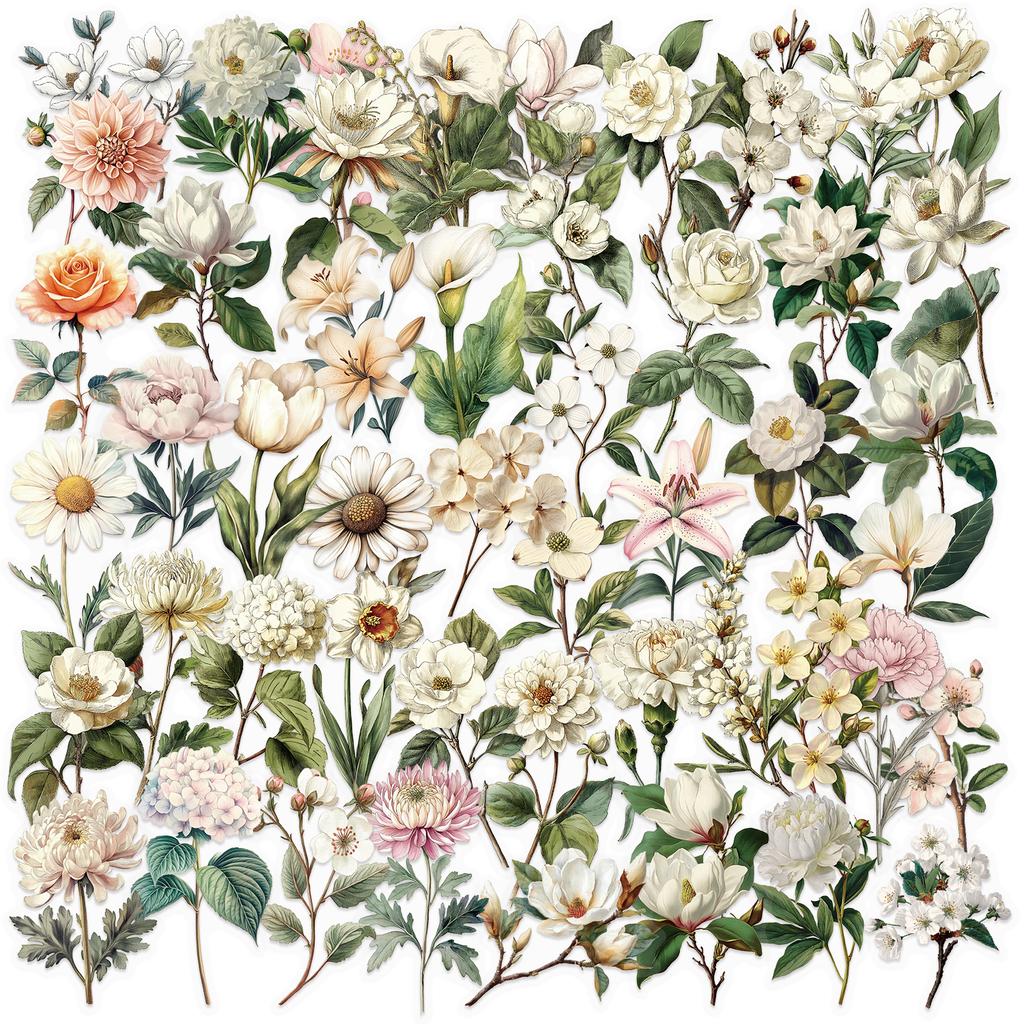 50PCS Retro Flower PET Stickers Beautiful Classical Colorful Art Collection Decoration Water Cup Scrapbook Notebook Guitar