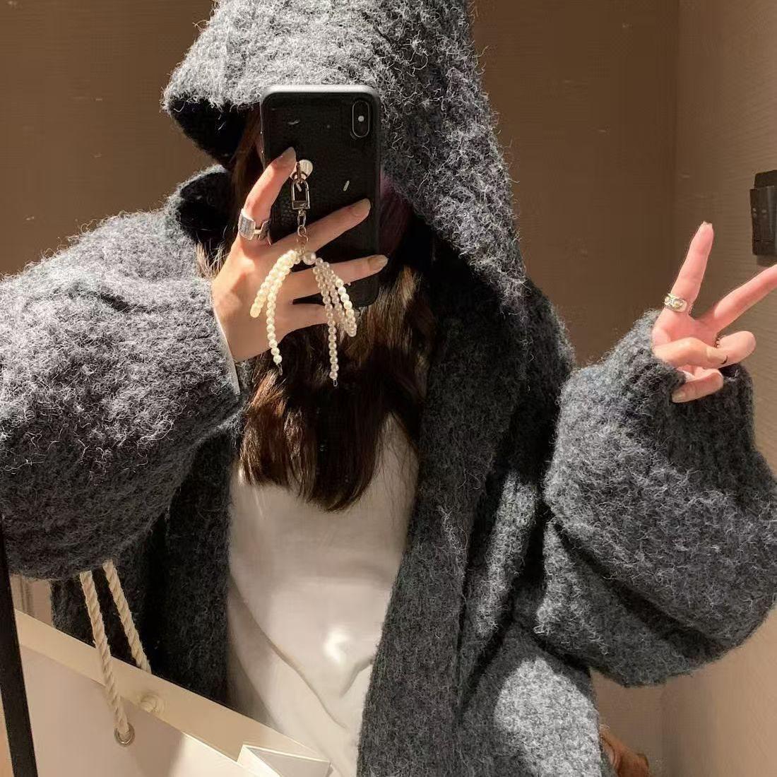 

Женский серый вязаный кардиган средней длины: Пальто-свитер свободного кроя на осень/зиму L (105-115 jin) абрикосовый