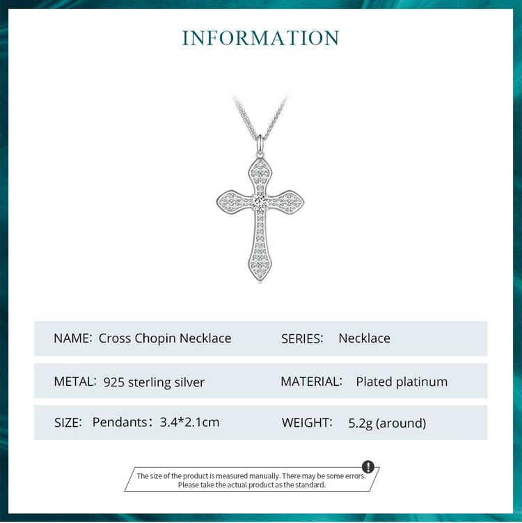 BISAER 925 Sterling Silver Cubic Zirconia Cross Pendant Necklace Chopin Chain Adjustable Plated Platinum Women Fine Jewelry