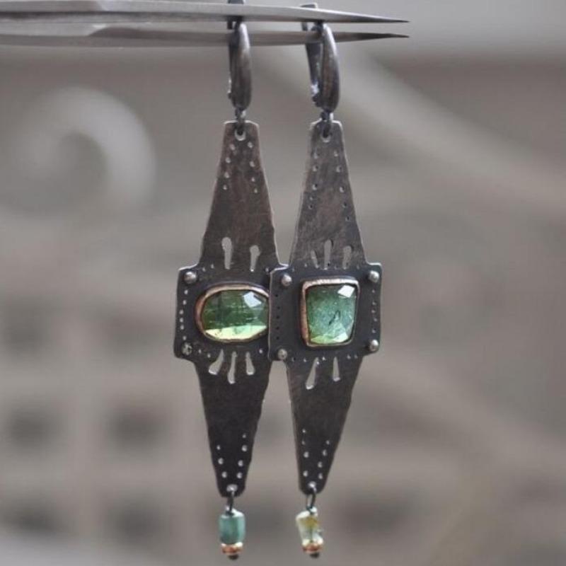 Vintage Silver Color Geometry Round Square Green Stone Carving Dangle Earrings for Women Jewelry