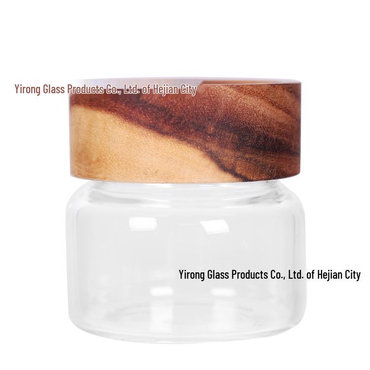 Acacia Wood Glass Storage Jar with Threaded Lid for Honey, Grains, and Candy