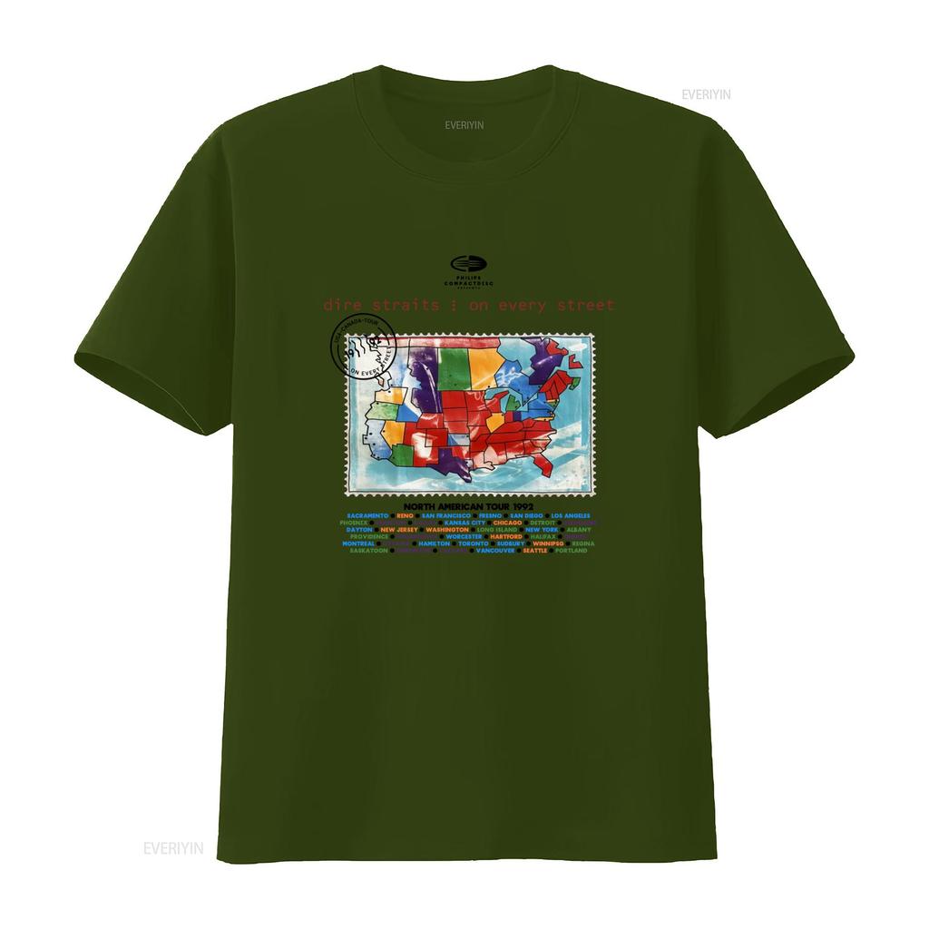 1992 Dire Straits on Every Street Tour North American Map Design T shirt vintage Washed Stretched Casual streetwear Stylish
