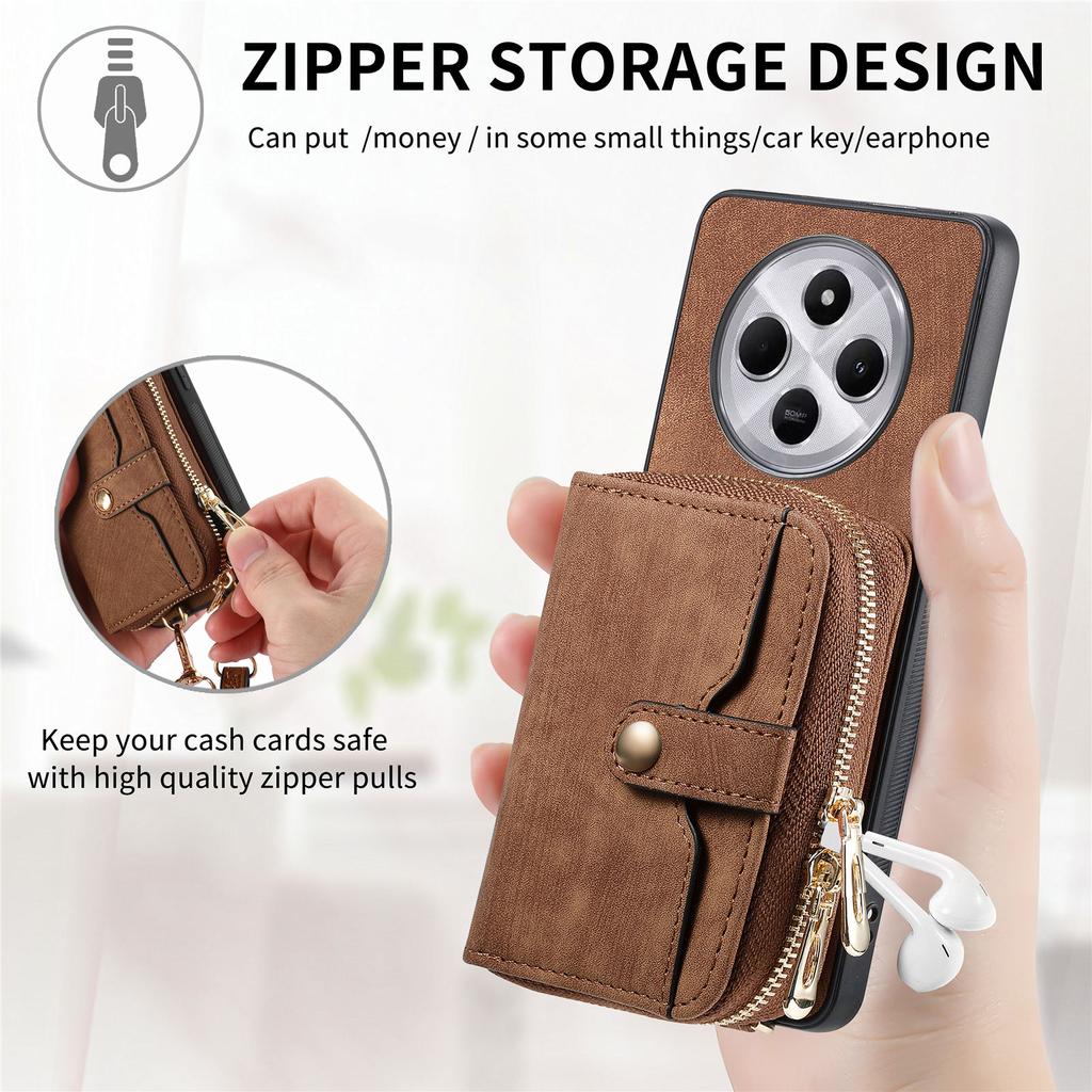 Zipper Wallet Phone Case For Xiaomi Redmi 14C 4G/14R 5G/Poco C75 4G Leather Kickstand Back Cover with Shoulder Strap
