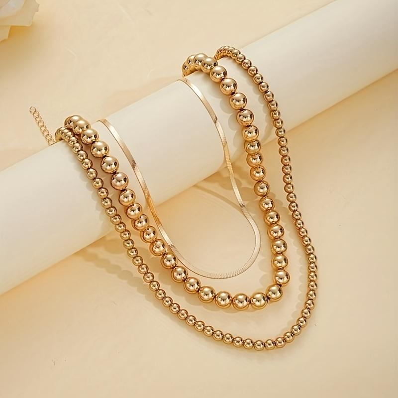 3PC Multilayer Flat Snake Chain Necklace Women Vintage Beads Golden Beaded Necklaces Girls Party Fashion Zircon