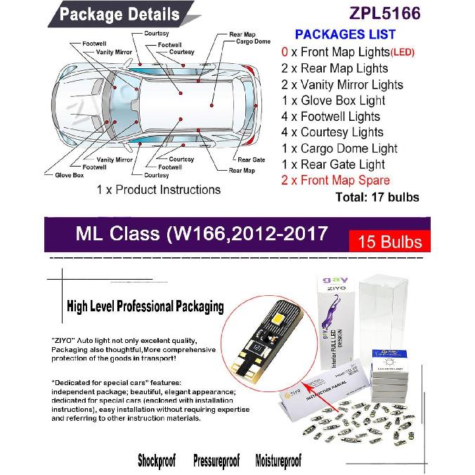 

ZIYO LED Interior Light Kit for Mercedes Benz M Class ML GLE Class W166 2012-2018 Dome Light Bulbs Replacement Package, 6000K Xenon White LED Lights