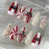 24PCS Christmas False Nails Red White Stripes Snowflake Cane Pattern French Fake Nails Green Bow Manicure Wearable Press On Nail