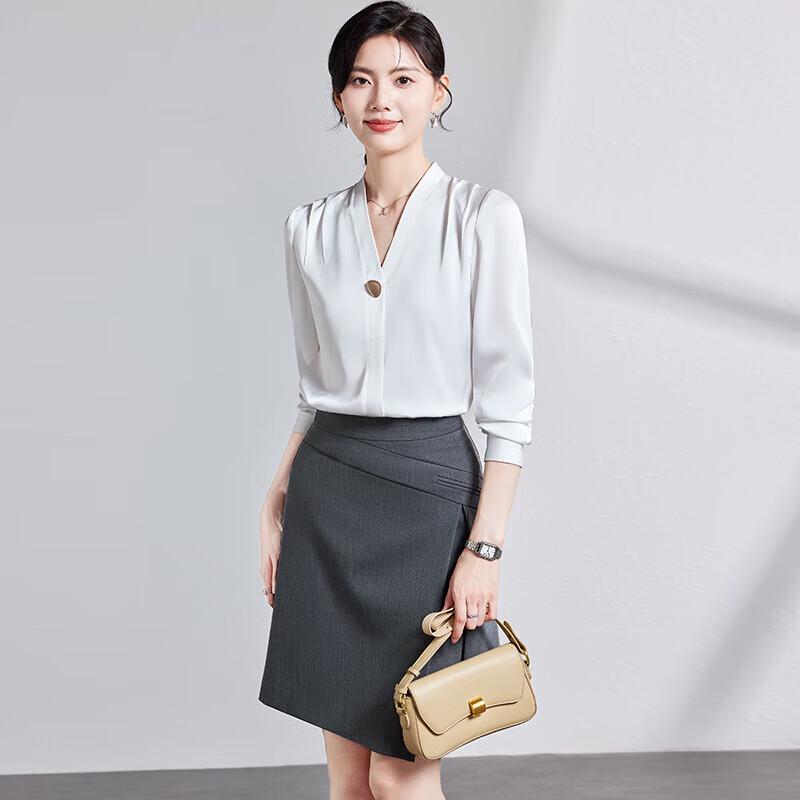 Teluoman Women s V-Neck Long Sleeve White Shirt XL