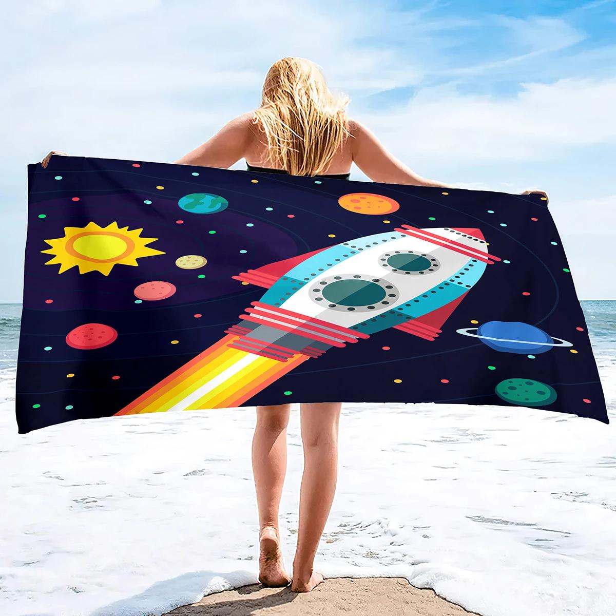 

Cartoon Beach Towel Rocket Ship Astronaut Bath Towel Microfiber Quick Dry Towels For Swimming Pool Travel Spa Sport Gym Gifts W30*H60(CM)